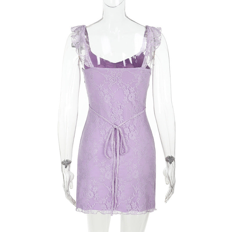 Women Strap Lace Patchwork Sexy Slit Dress 8