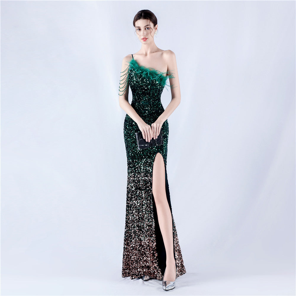 Women Ostrich Feather Beaded Sequin One Shoulder Slash Shoulder Slit Evening Dress 10