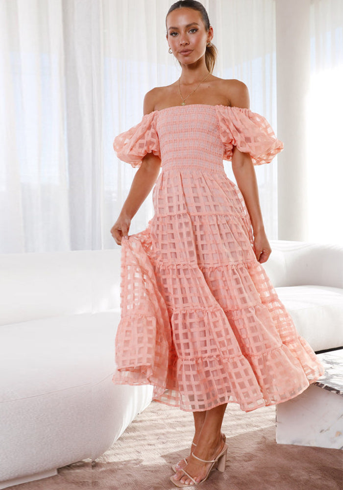 Off-Shoulder Lantern Sleeve Layered Patchwork Maxi Dress