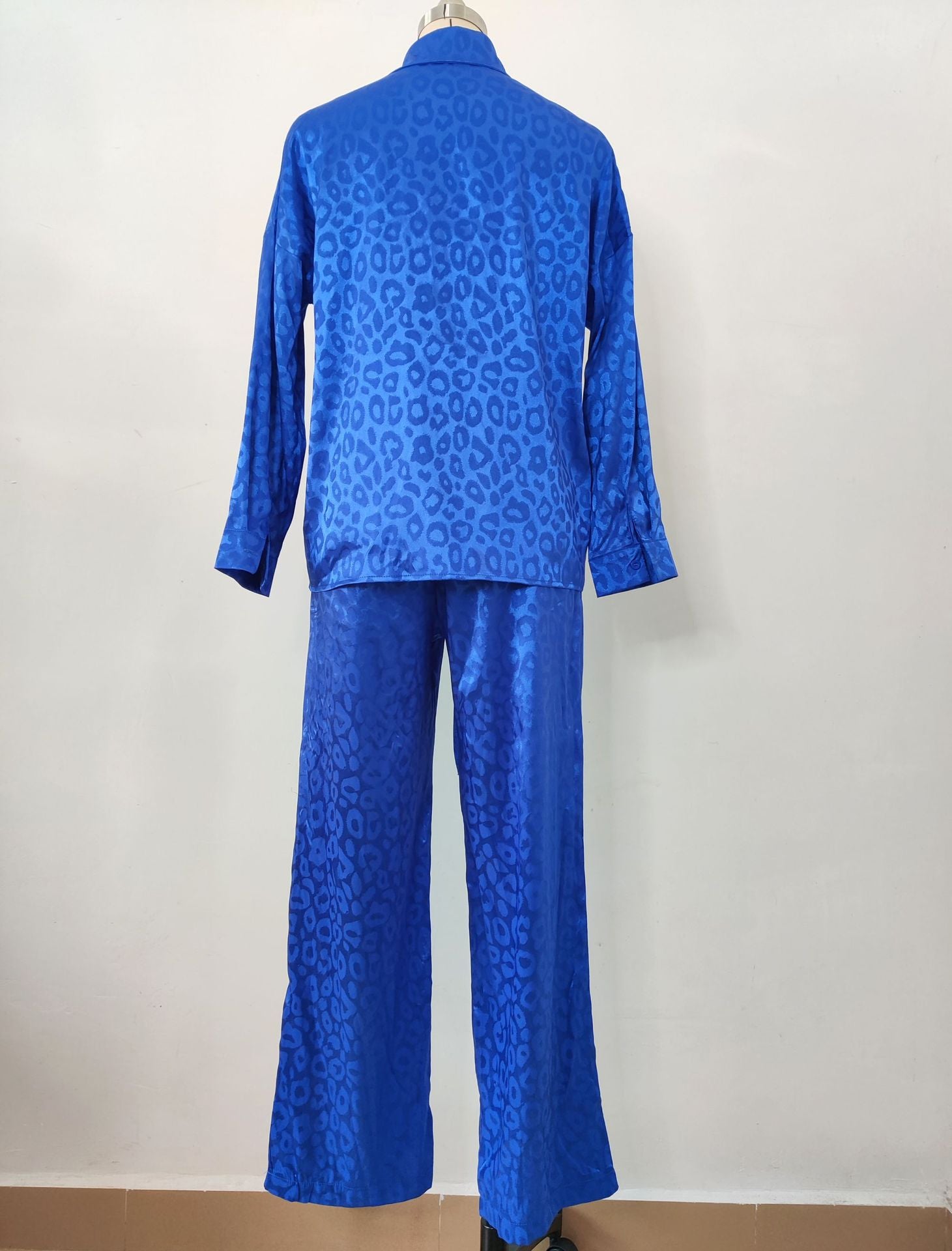 Women leopard print jacquard long-sleeved shirt and elastic waist loose trousers two-piece set 20