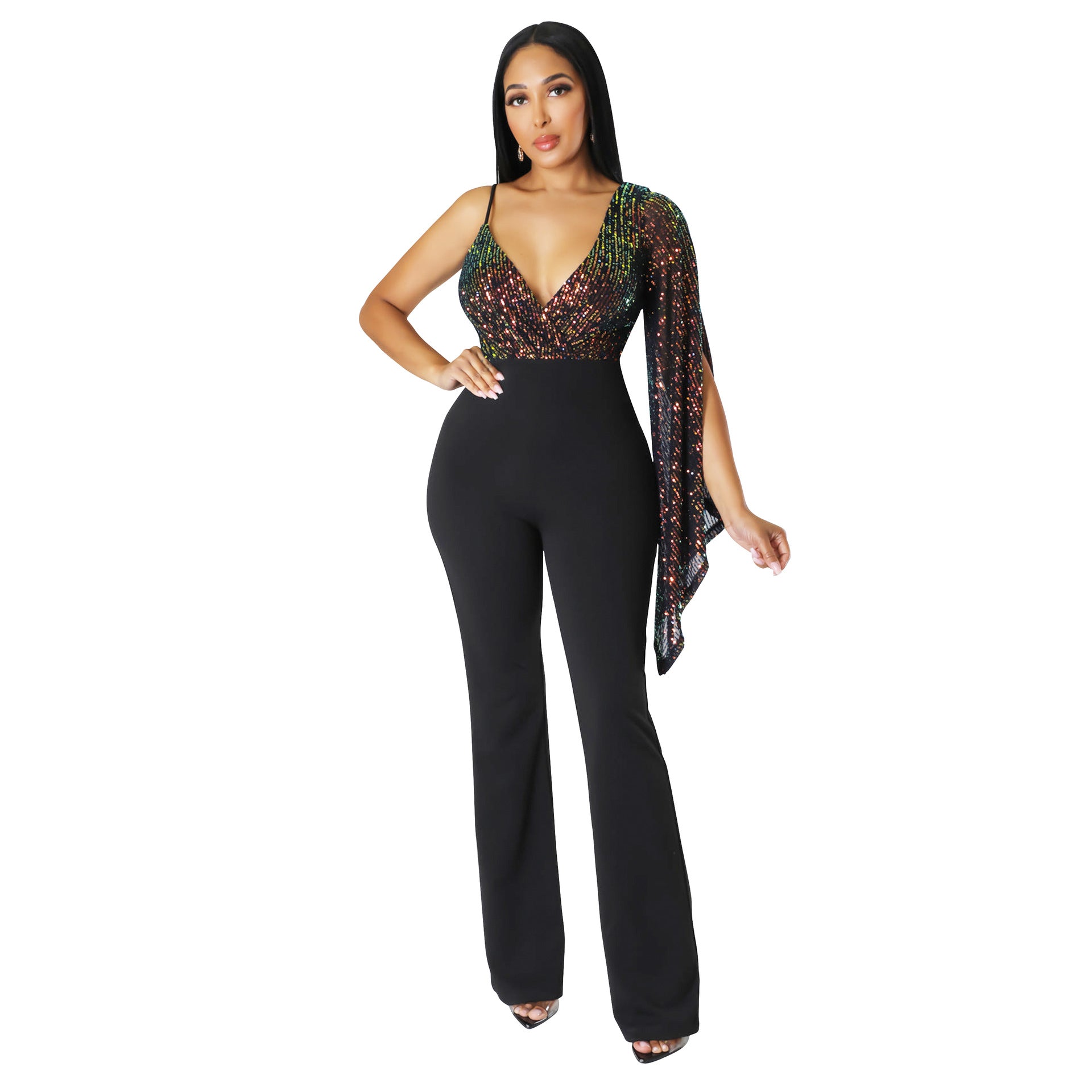 Trousers Sequined V-neck Strapless One Shoulder Cape Sexy Nightclub Jumpsuit 8