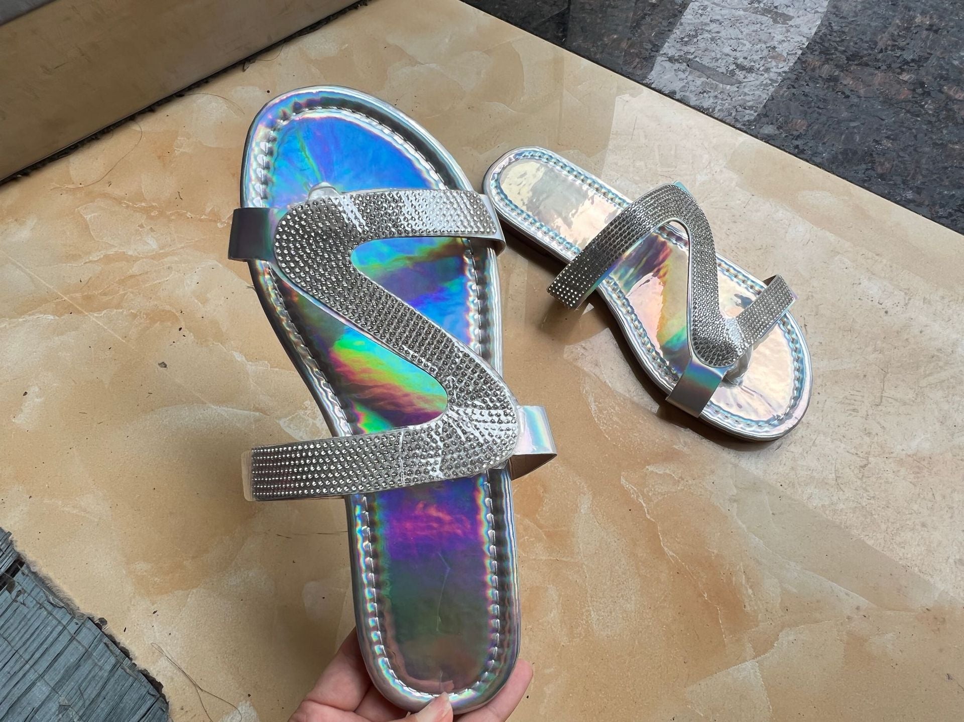 Plus Size Flat Sandal Flip flops Z-line Rhinestone Clip Toe Casual Outdoor Wear Beach Women's Shoe 27
