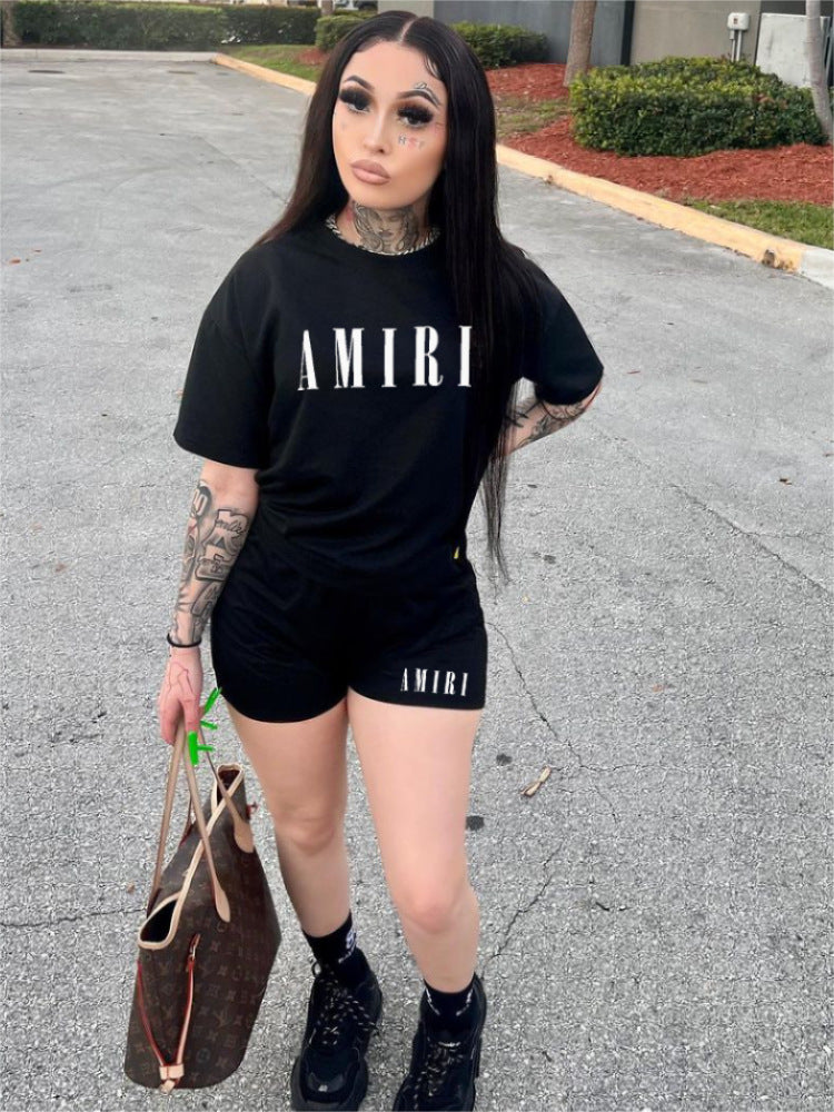 Women's Printed Round Neck Short Sleeve Shorts Two-Piece Set 8