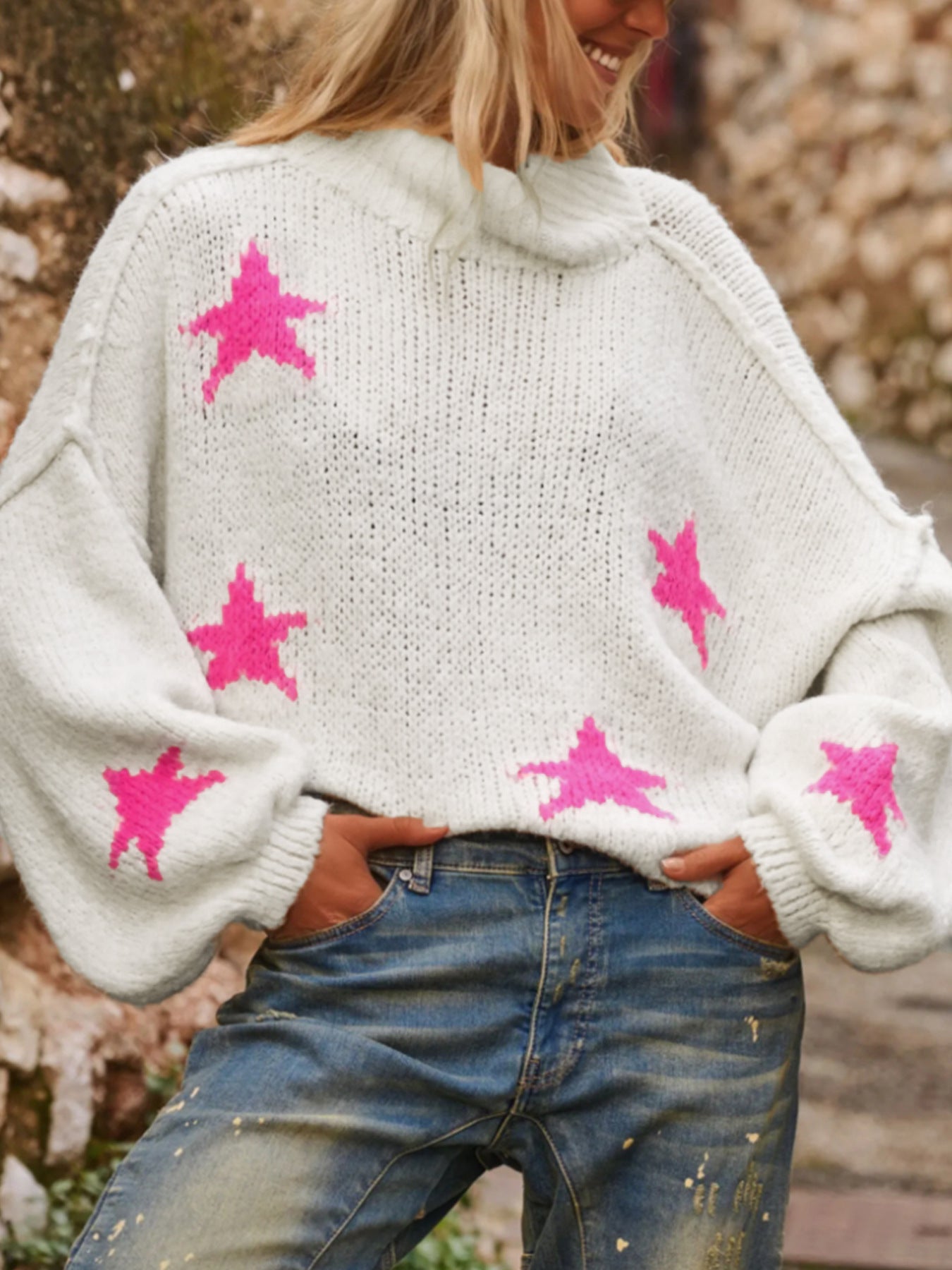 Women's Autumn Winter Casual Loose High Neck Pullover Long Sleeve Star Pattern Knitting Sweater 5