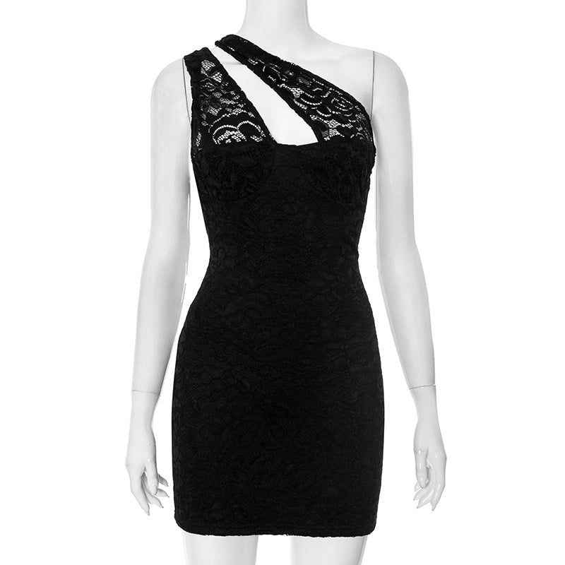 Summer irregular hollow Slash Shoulder Lace Tight Fitting Bodycon Dress 4