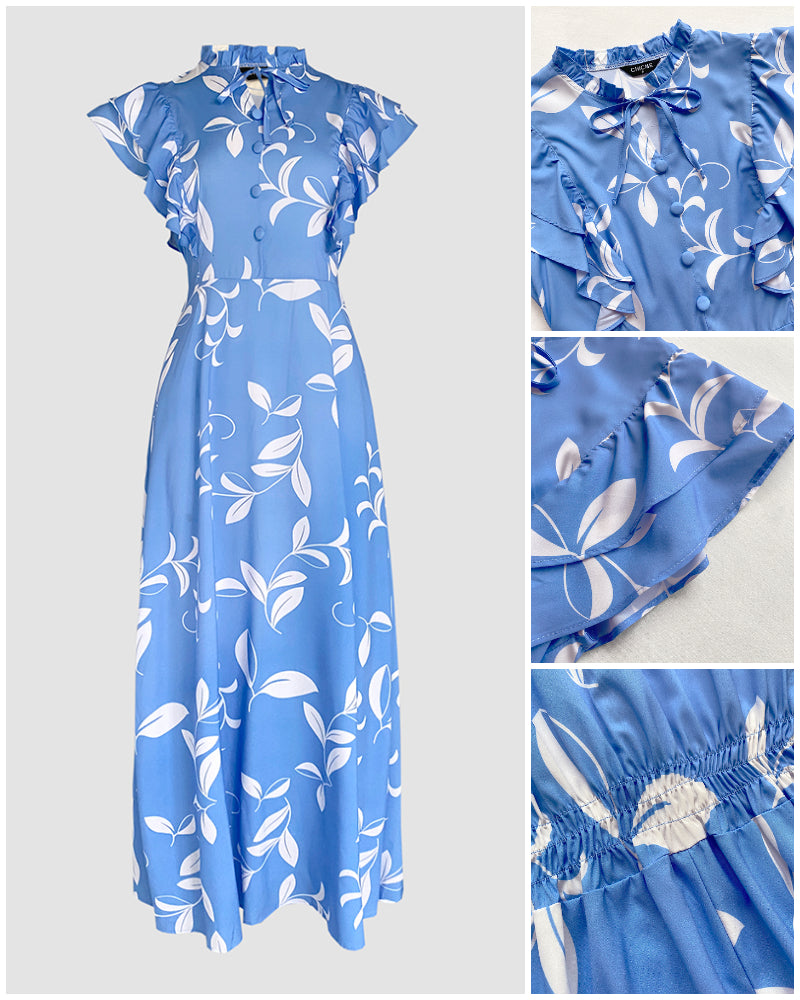 Women Blue Floral Floral Lace-Up Maxi Dress with Ruffled Shoulder Neck 4