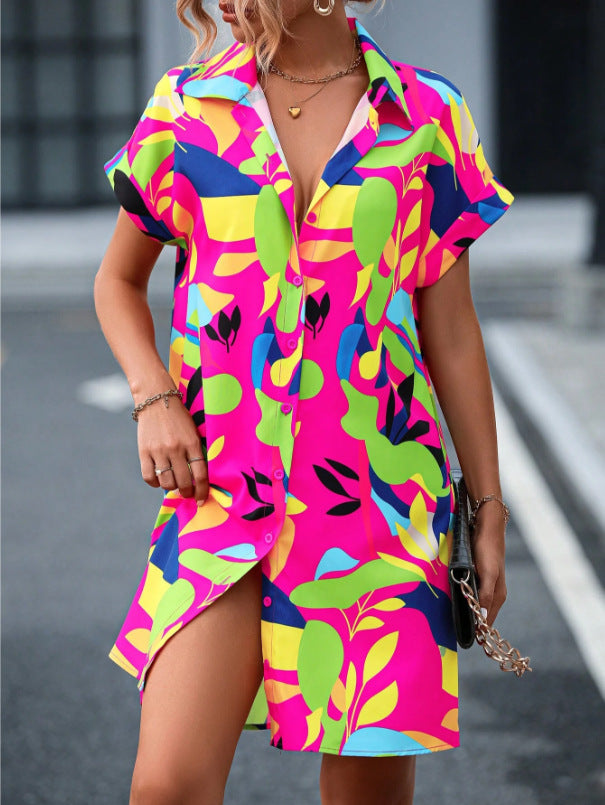 Women Printed Button Casual Short Sleeve Shirt Dress 3