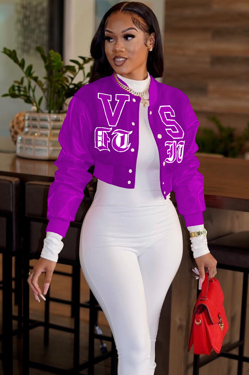 Women's sexy Crop Round Neck loose bomber jacket 6