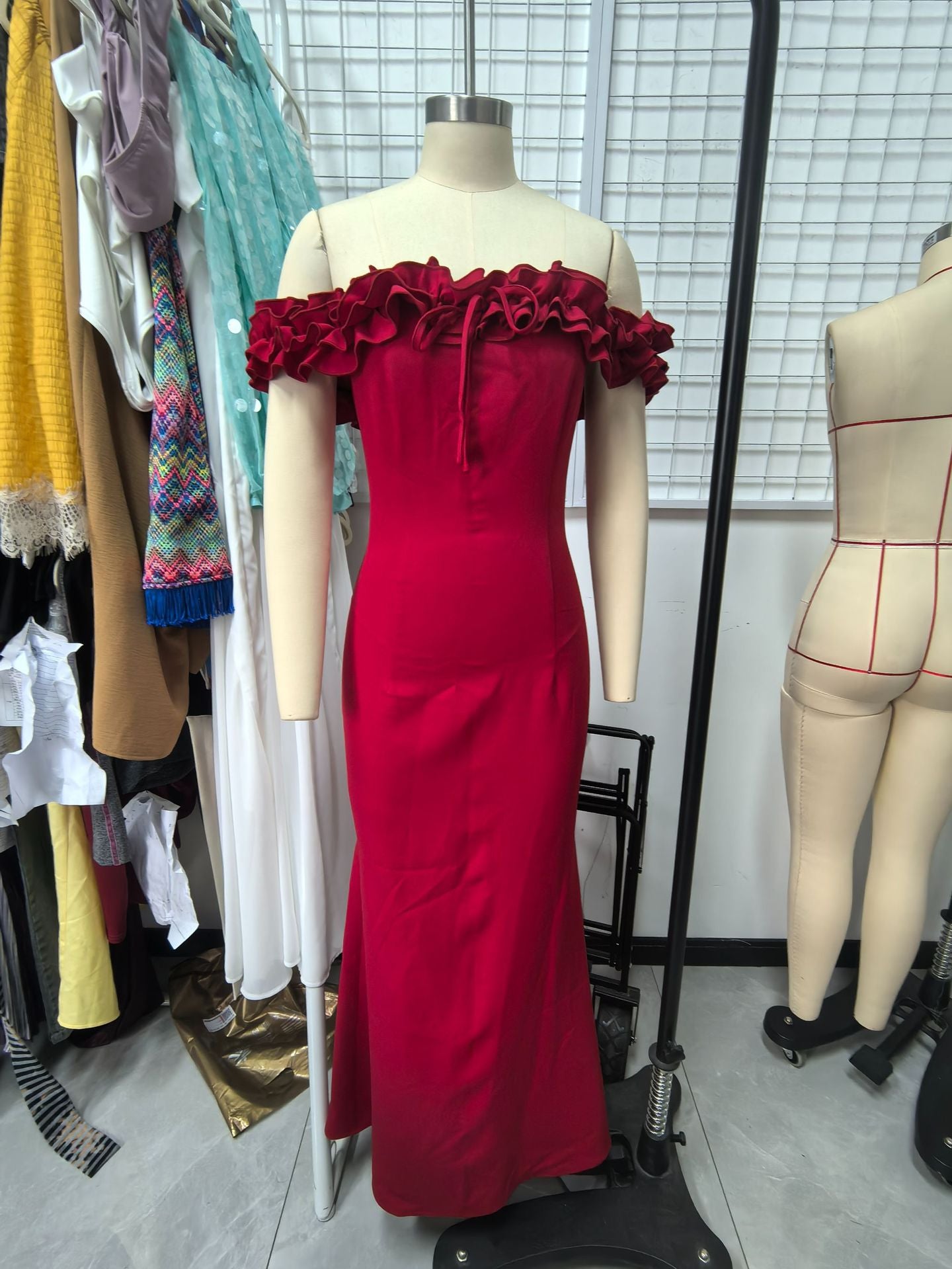 Women Spring and Summer Ruffle Off Shoulder Bodycon Dress 6