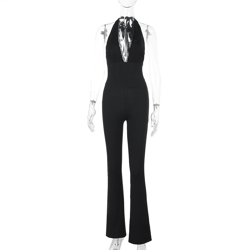 Women V Neck Hollow Sexy Halter Neck Summer Backless Jumpsuit 6