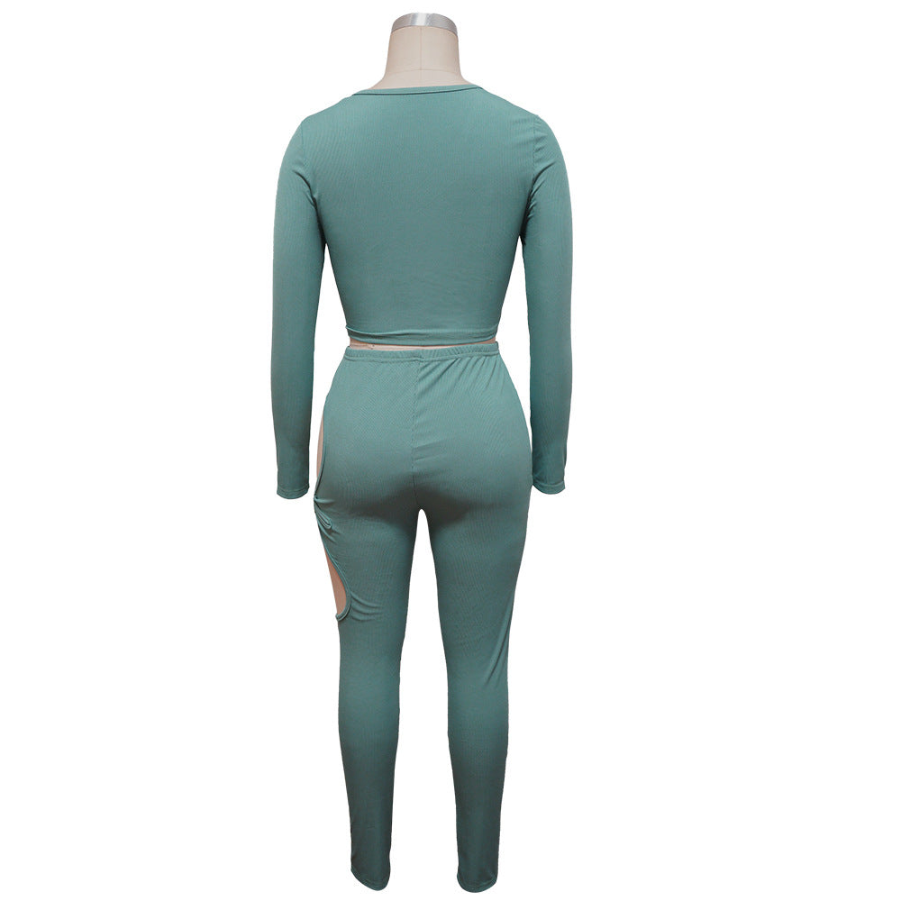 Fashionable Women's Solid Color High-Stretch Ribbed Sexy V-Neck Two-Piece Pants Set 21