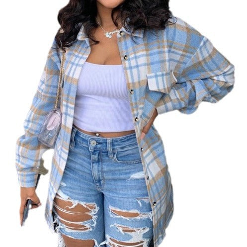 Women Turndown Collar Button Plaid Pocket Long-Sleeved Shirt 6