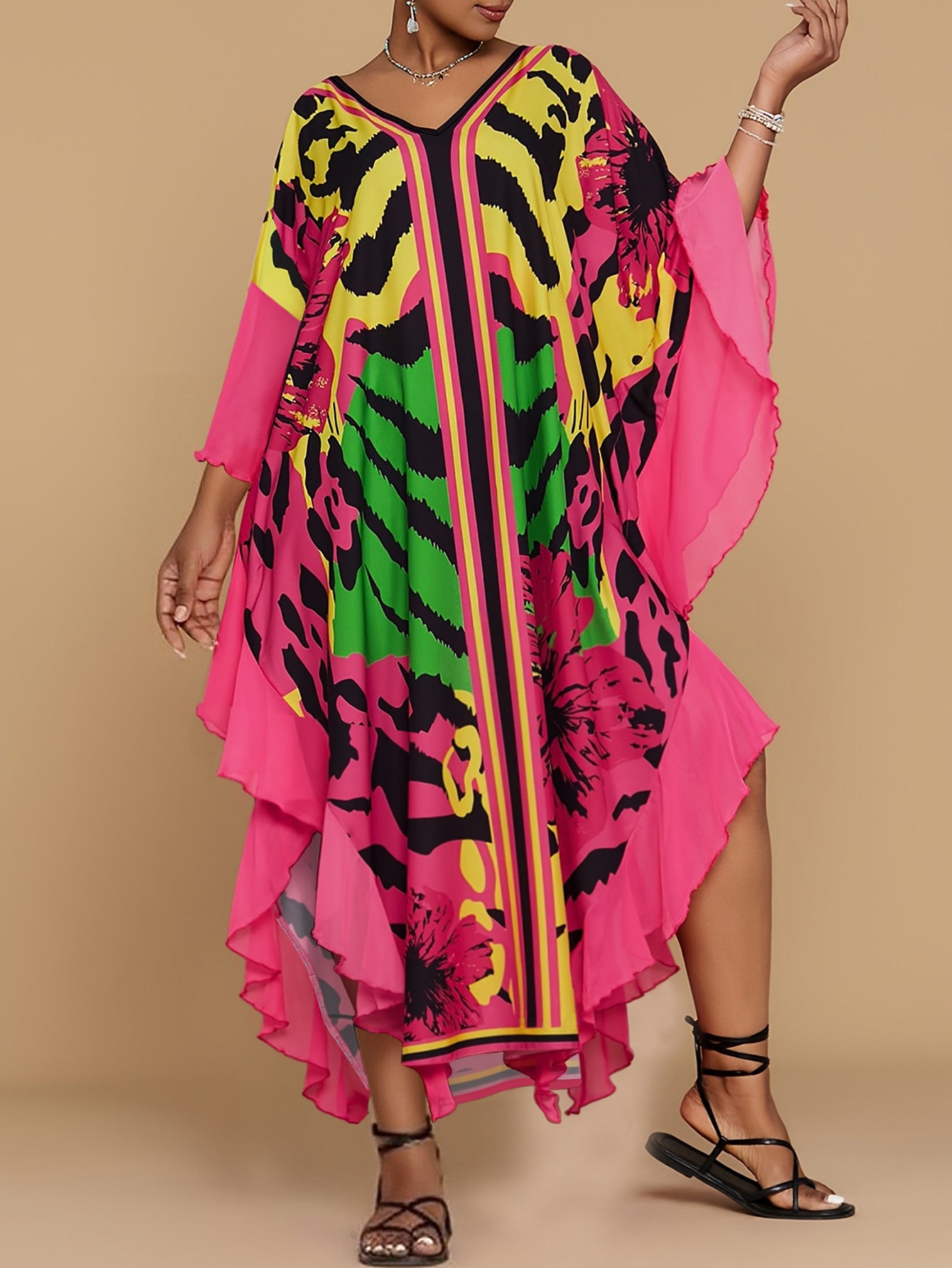 Plus Size Women Elegant Sleeve Printed Cardigan Dress