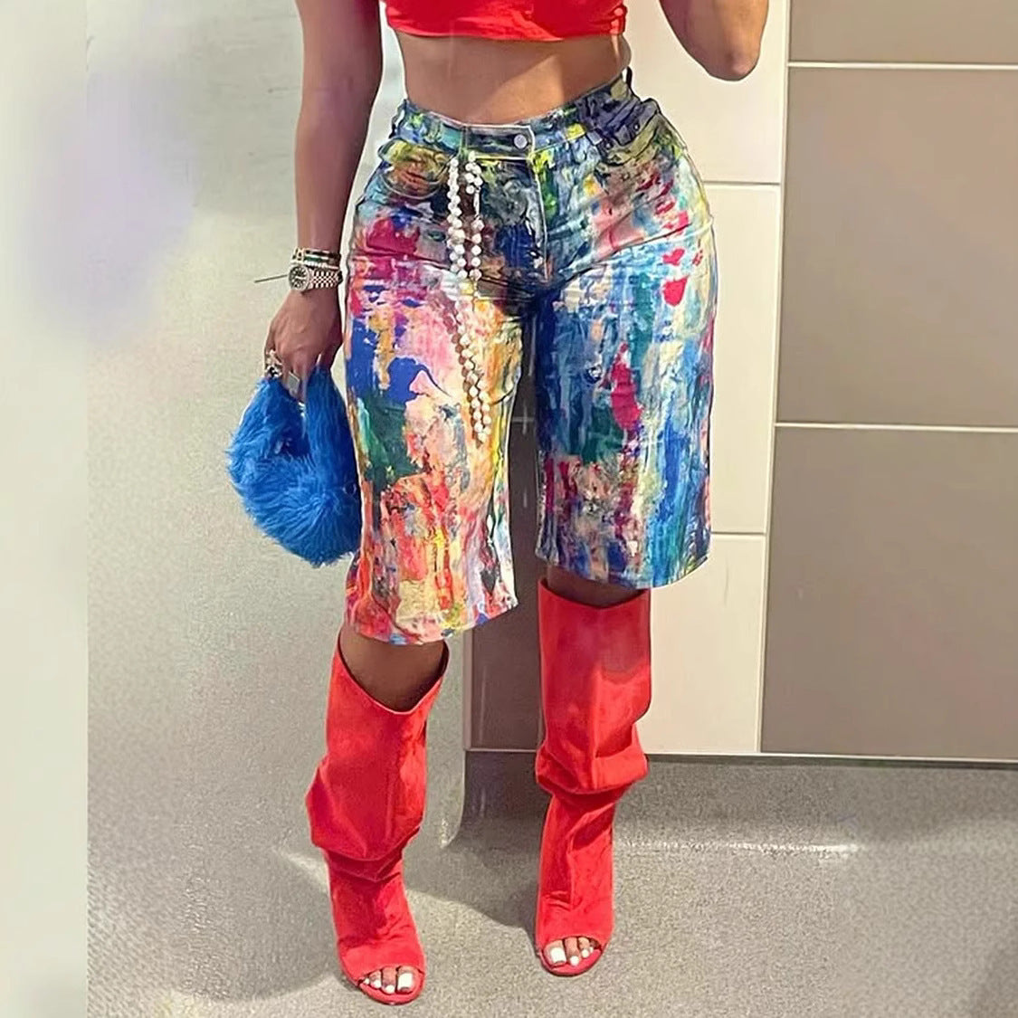 Women Summer Print Casual pocket denim shorts 6