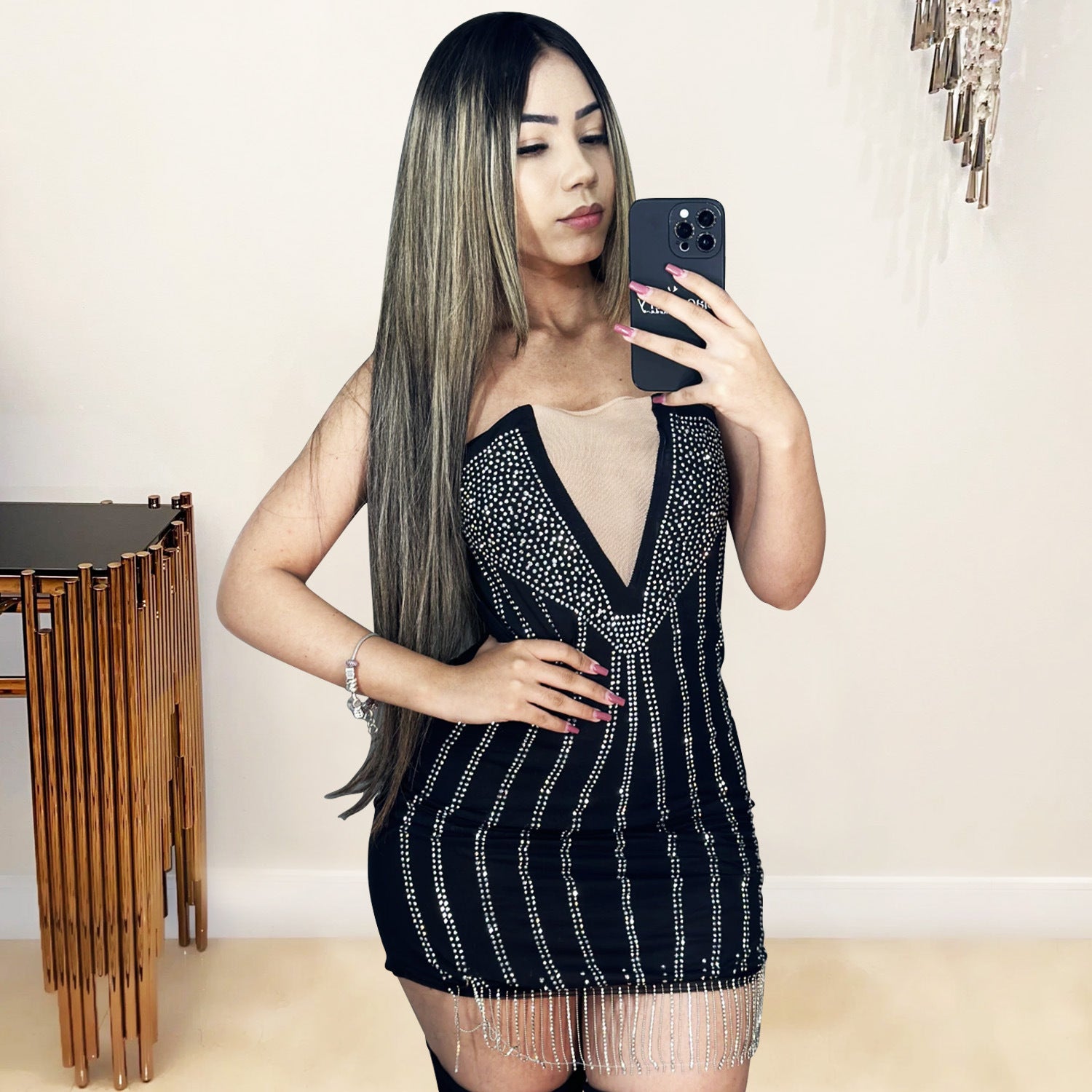 Women sexy mesh patchwork diamond tassel dress 3