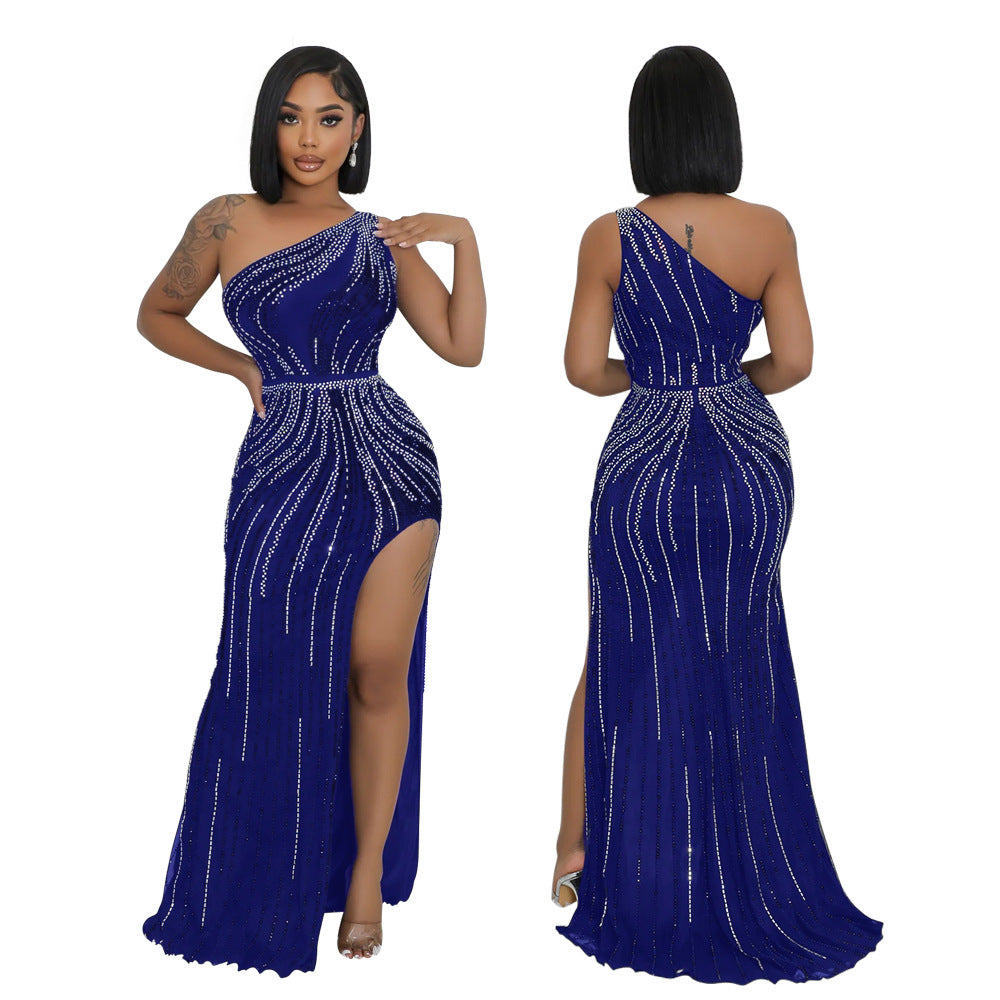 Women Sexy Slash Shoulder Beaded Slit Dress 4
