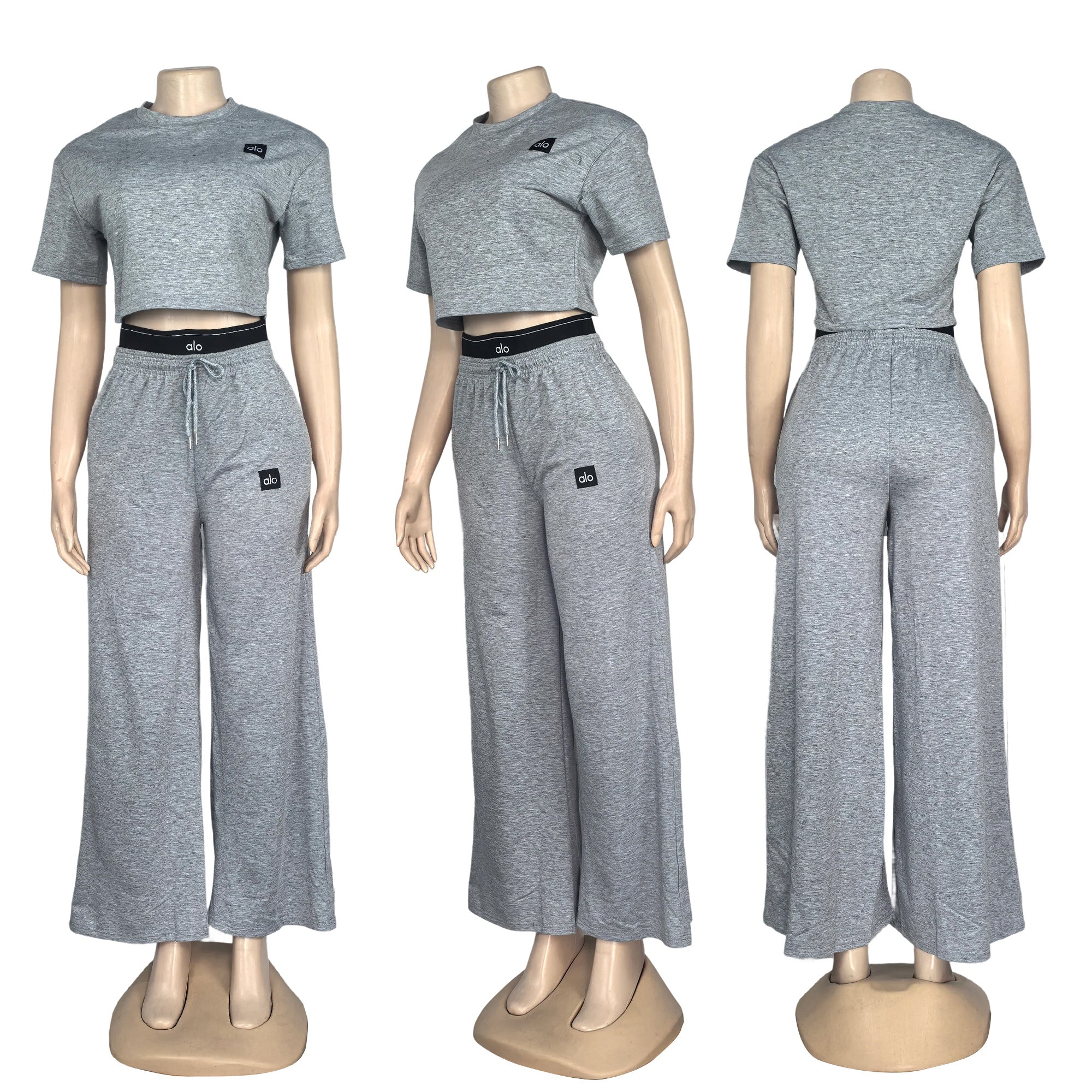 Fashion Casual Set Embroidered Letter Double Waistband High Waist Wide Leg Pants Set 4