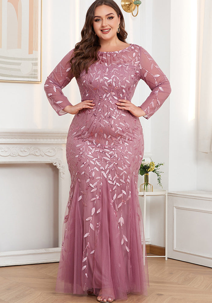 Plus Size Women Long Sleeve Round Neck Zipper Fishtail Embroidery Evening Dress