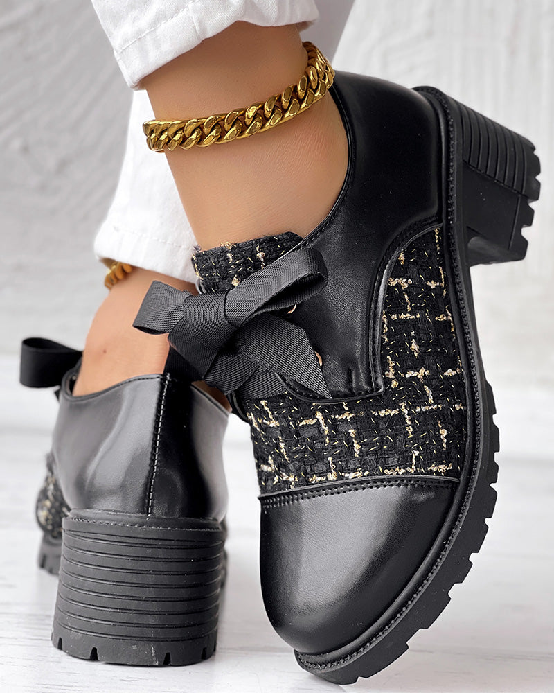 Women's autumn shoes thick heels and plaid patchwork leather shoes 6