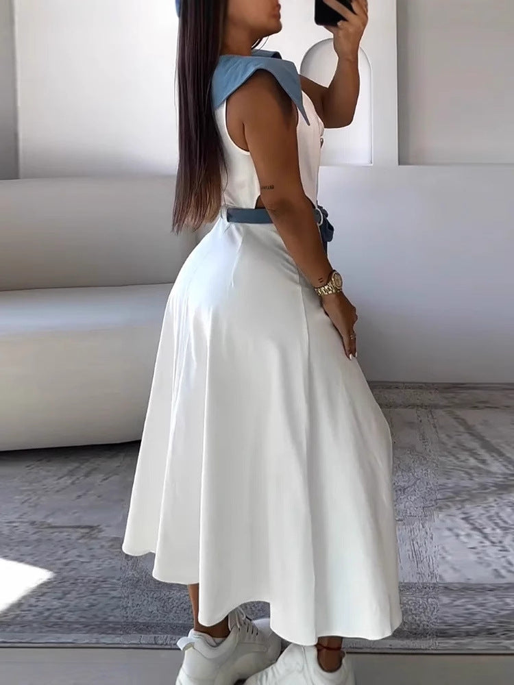 Color-Block Turndown Collar Sleeveless Hollow Belt Slit Maxi Dress 3