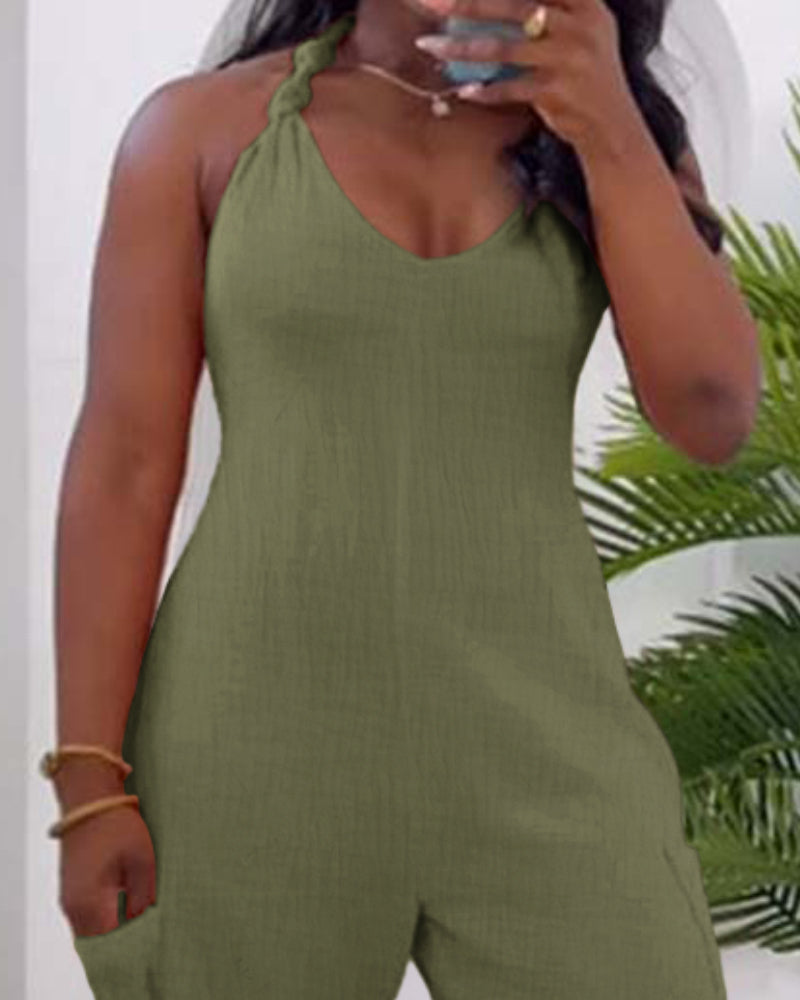Women's Solid Color Casual Halter Neck Low Back Lace-Up Casual Pocket Jumpsuit 7
