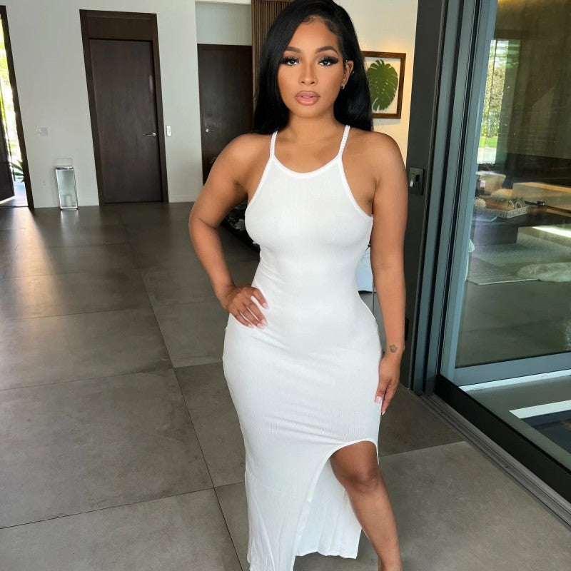 Women Summer Solid Sleeveless Round Neck Slit Bodycon Dress 7