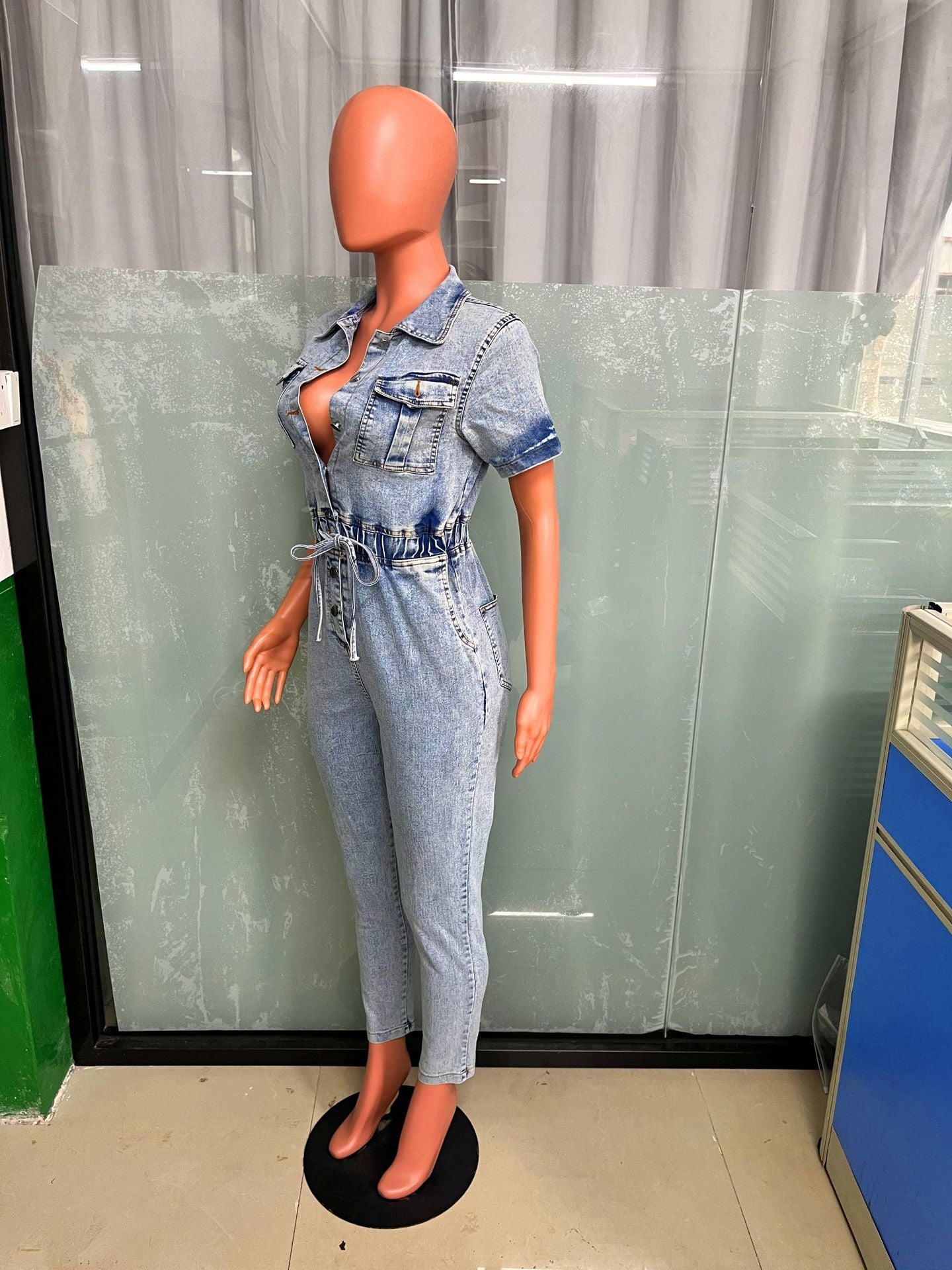 Women Stretch Washed Denim Short Sleeve Jumpsuit 9