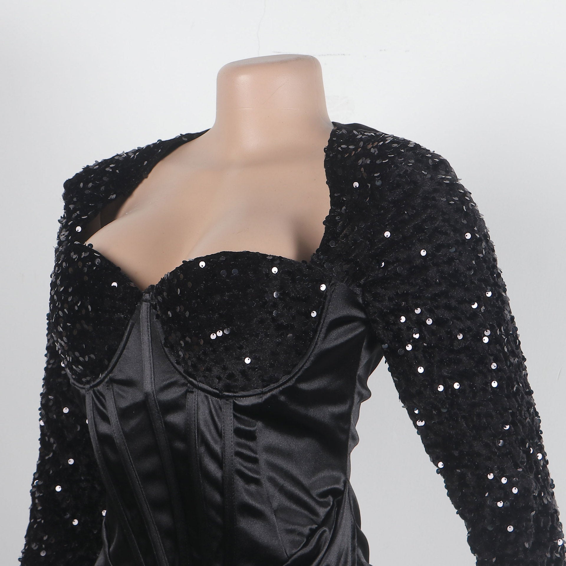 Sexy Square Collar Tight Fitting Stretch Sequin Slit Bodycon Dress 25