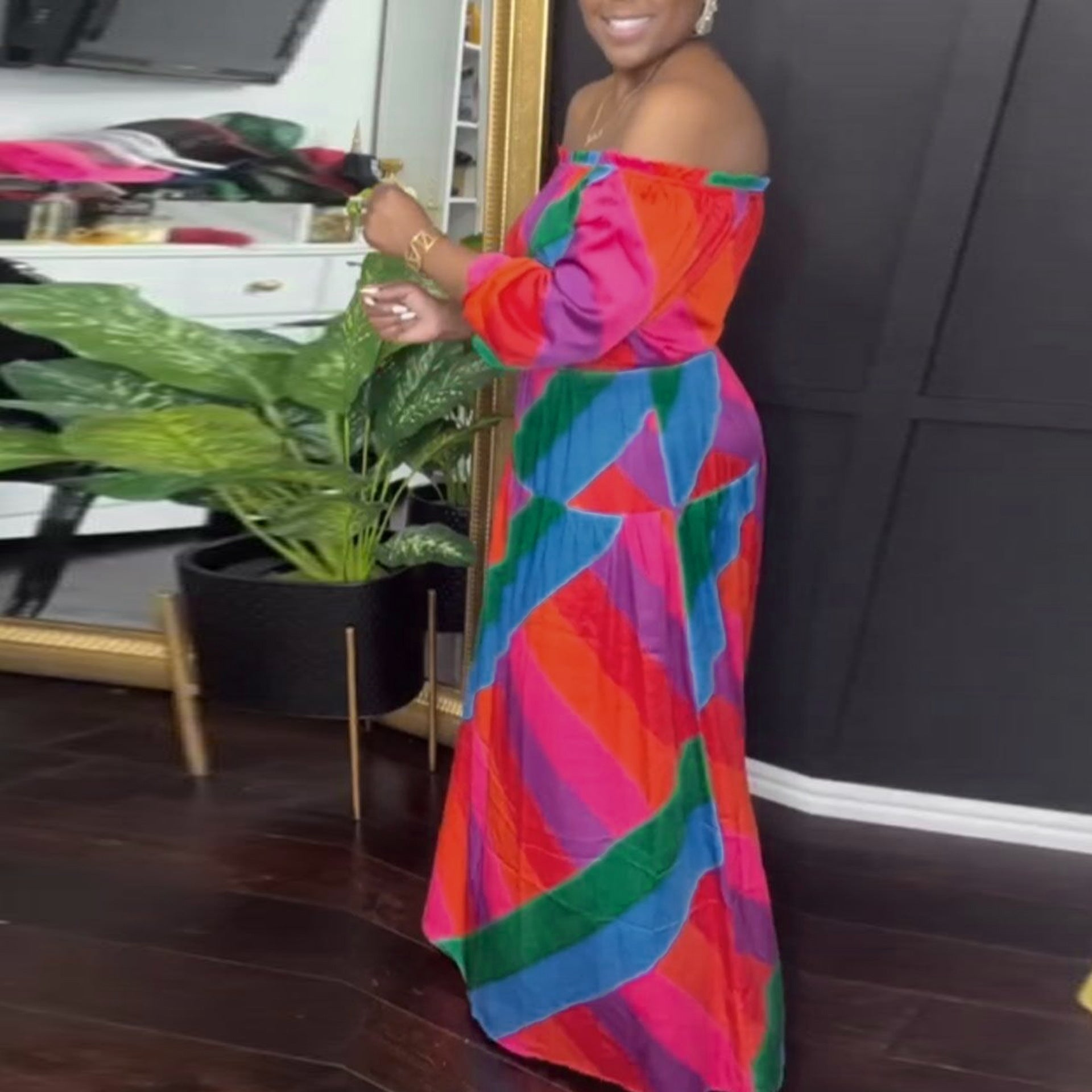 Women Sexy Print Off Shoulder Long Sleeve Dress 5