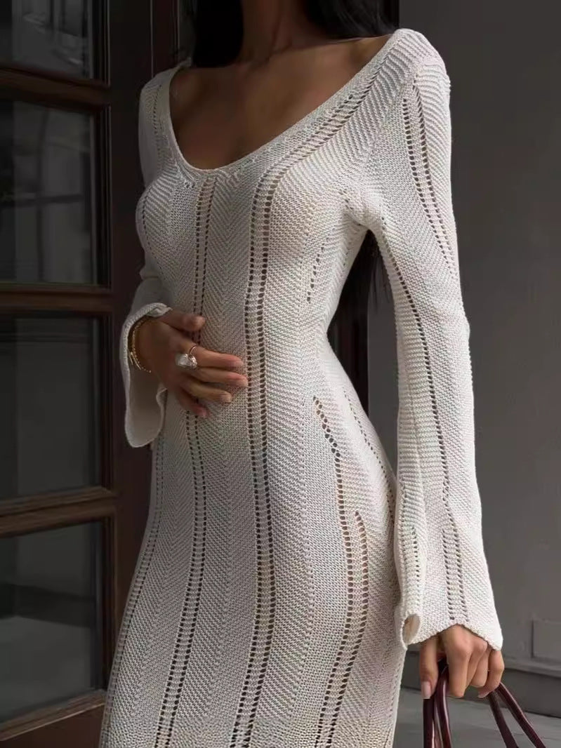 Autumn and winter women's fashion hollow solid color knitting Holidays long dress 5