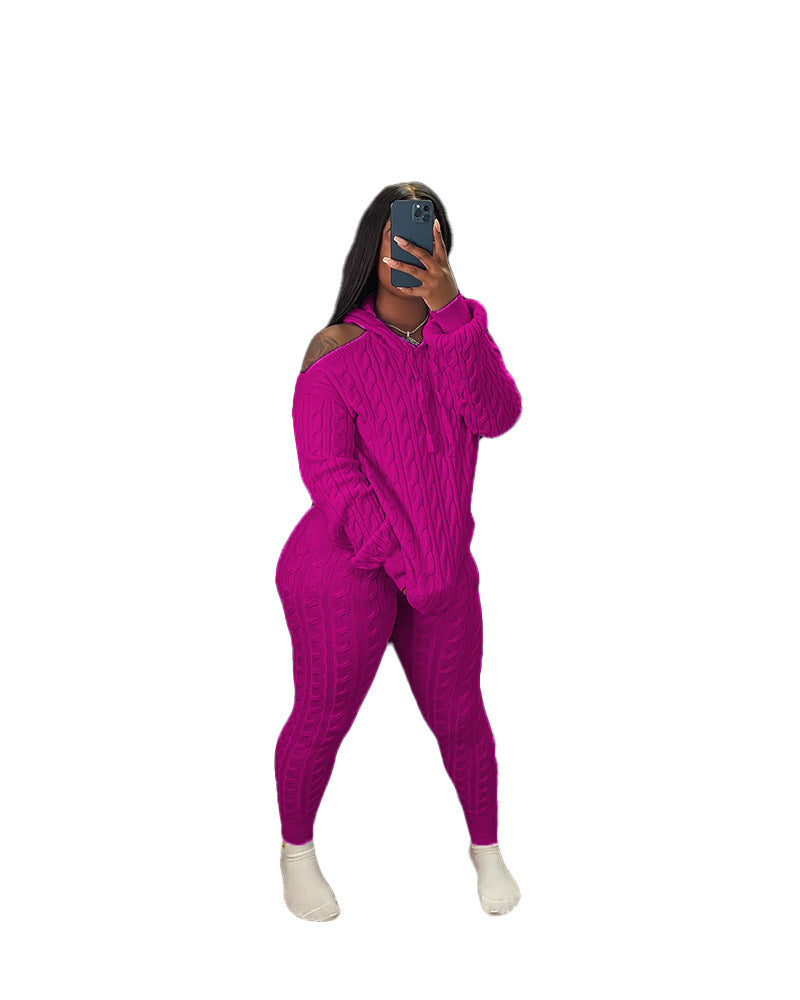 Women's Fashion Solid Color High Stretch Knitting Hooded Sweater Slim Long Pants Two Piece Set 20