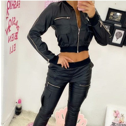 Women Solid pu-Leather Zipper Pocket Baseball Jacket