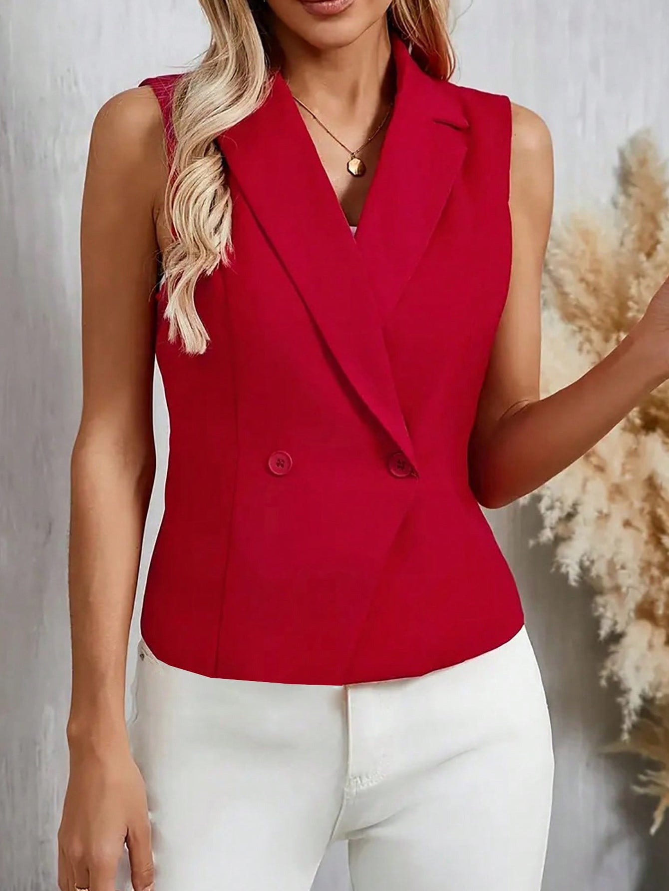 Women's Chic Turndown Collar Two-Button Sleeveless Vest Solid Color Outerwear 4