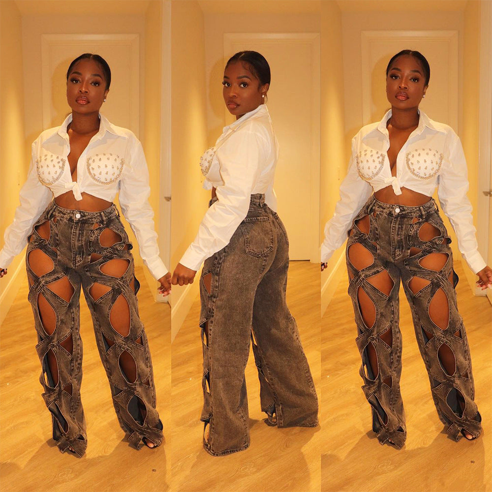 Women Fall Beaded Turndown Collar Long Sleeve Shirt 6