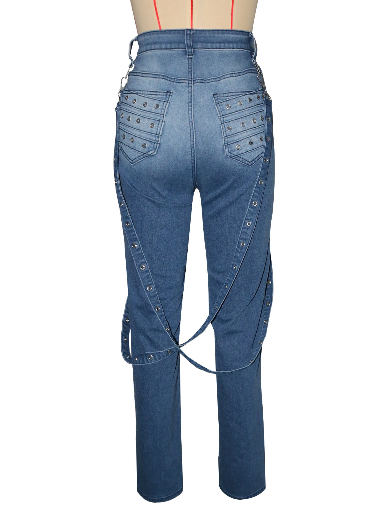 Women's Fashion High Waist Denim Pants Metal Studs Casual Trousers 8