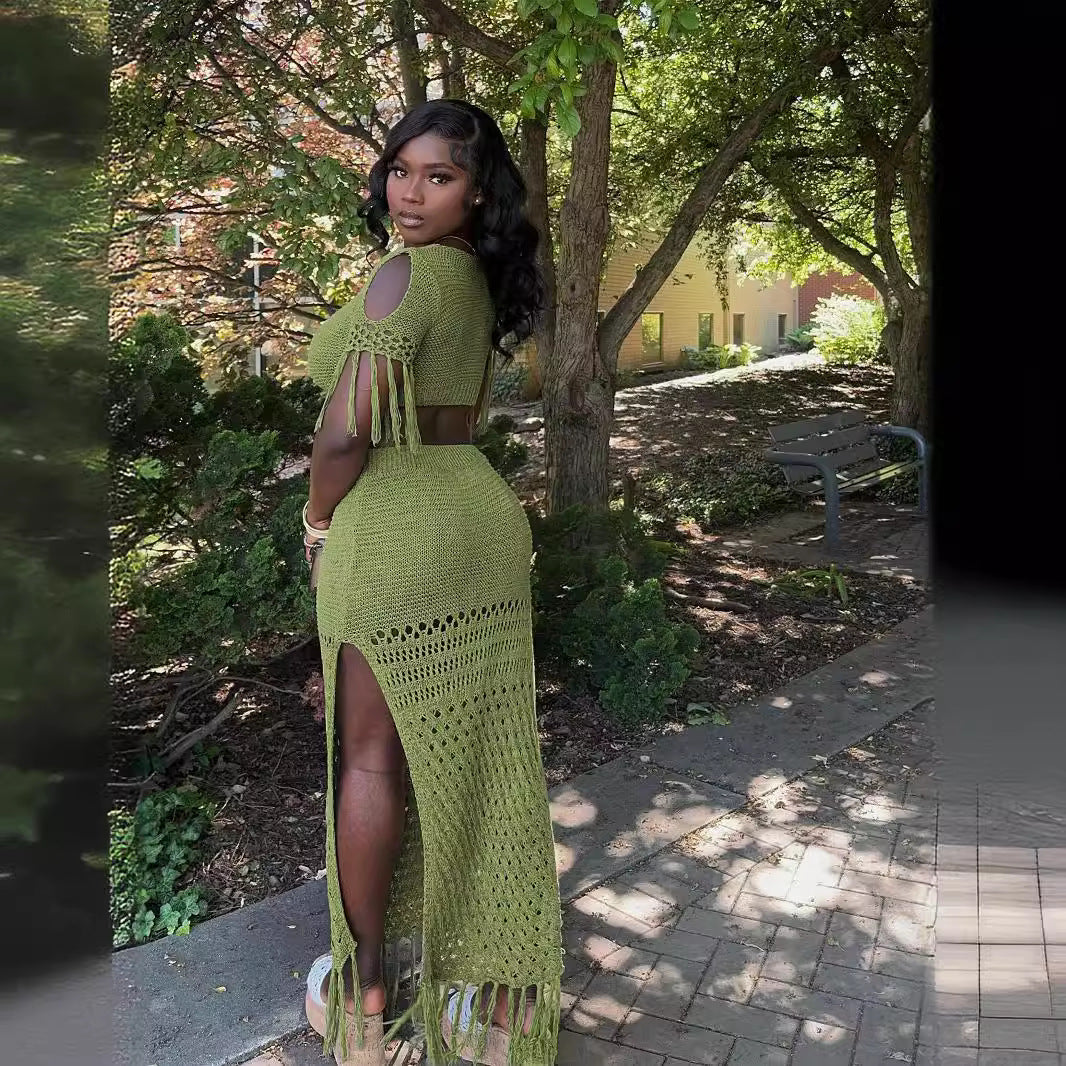 Women Knitting Hollow Tassel Sexy Top and Long Skirt Two-piece Set 3