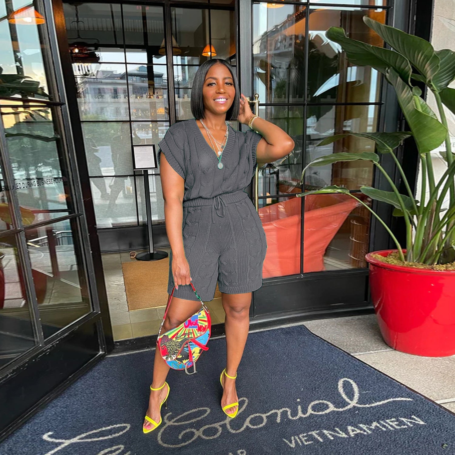 Sexy Solid Deep V Neck Sleeveless Loose Sweater Slim Shorts Two Piece Set 13