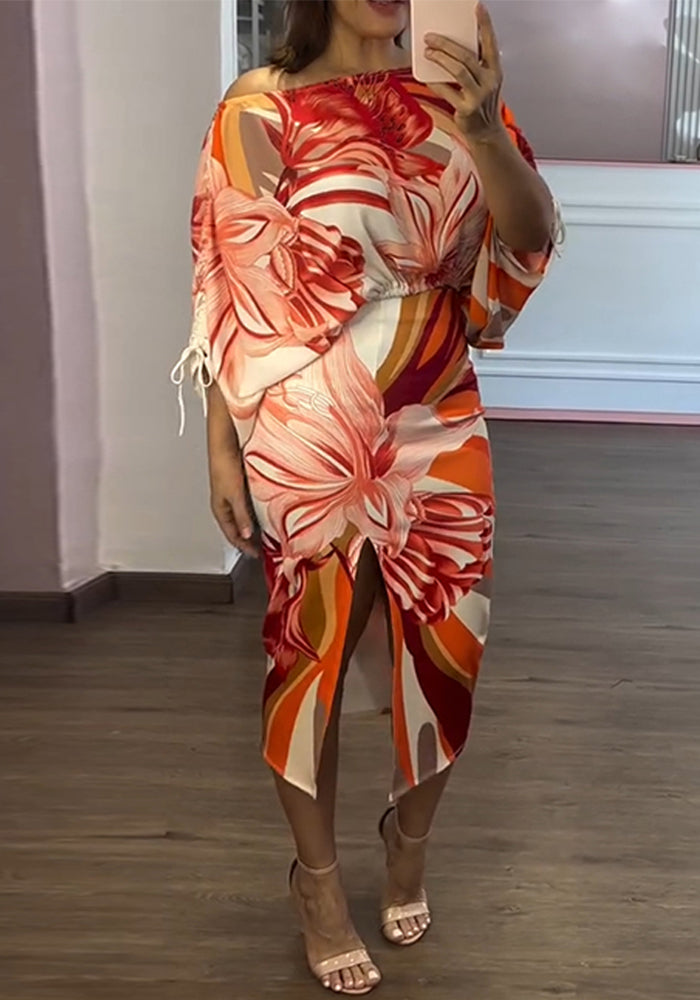 Women's Floral Side-Drawstring Loose Crop Top & Slim Side-Slit Mid-Length Skirt Set