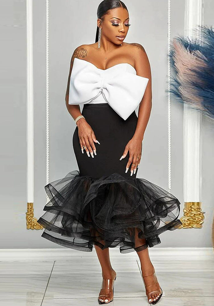 Women Sexy Contrast Strapless Off-Shoulder Bowknot Mesh Bodycon Skirt Two-Piece Set