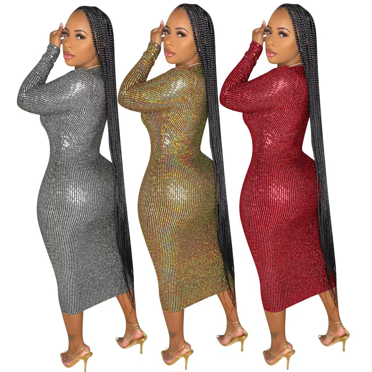 Ladies Chic Fashion Deep V Neckshiny Fabric Ladies Midi Bodycon Dress Party Wear 13