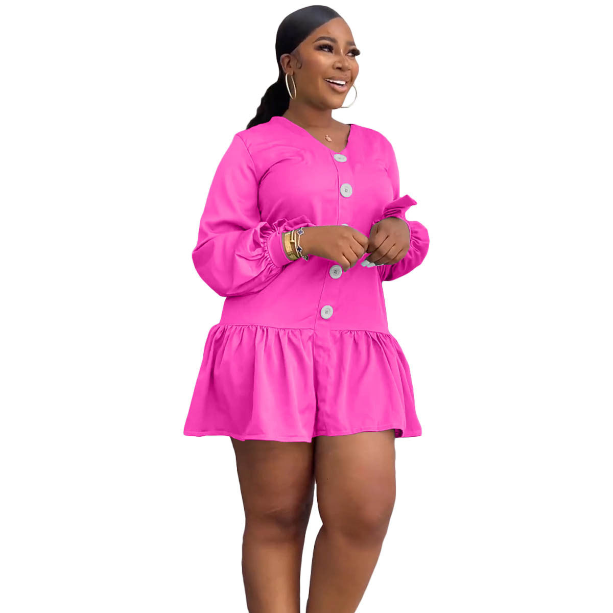 Women's Fashion Casual V-Neck Long Sleeve Ruffled Pleated Dress 8