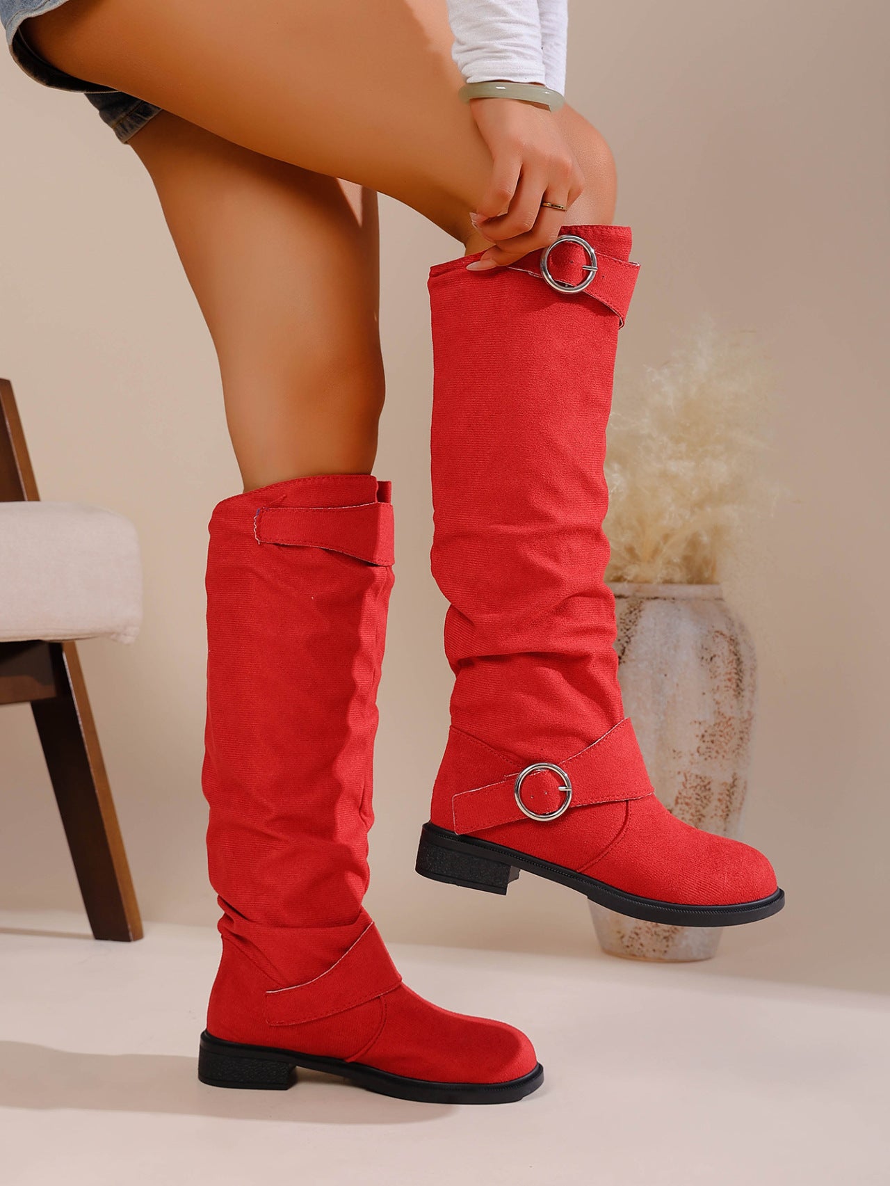 Autumn Winter Pleated Stacked Boots Women SChunky Heel Platform Suede Boots 12