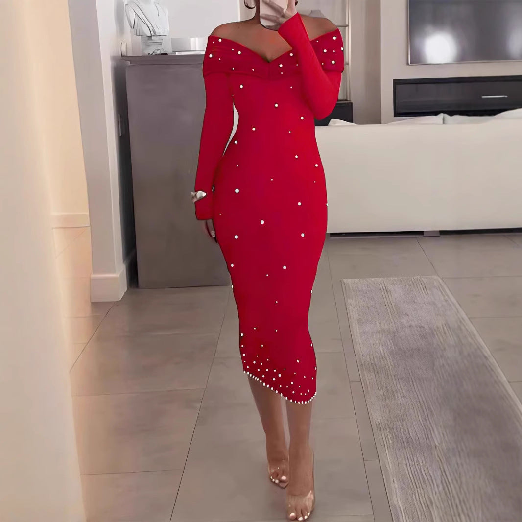 Fashionable And Elegant Off-Shoulder Solid Color Long Sleeve Beaded Bodycon Dress 4