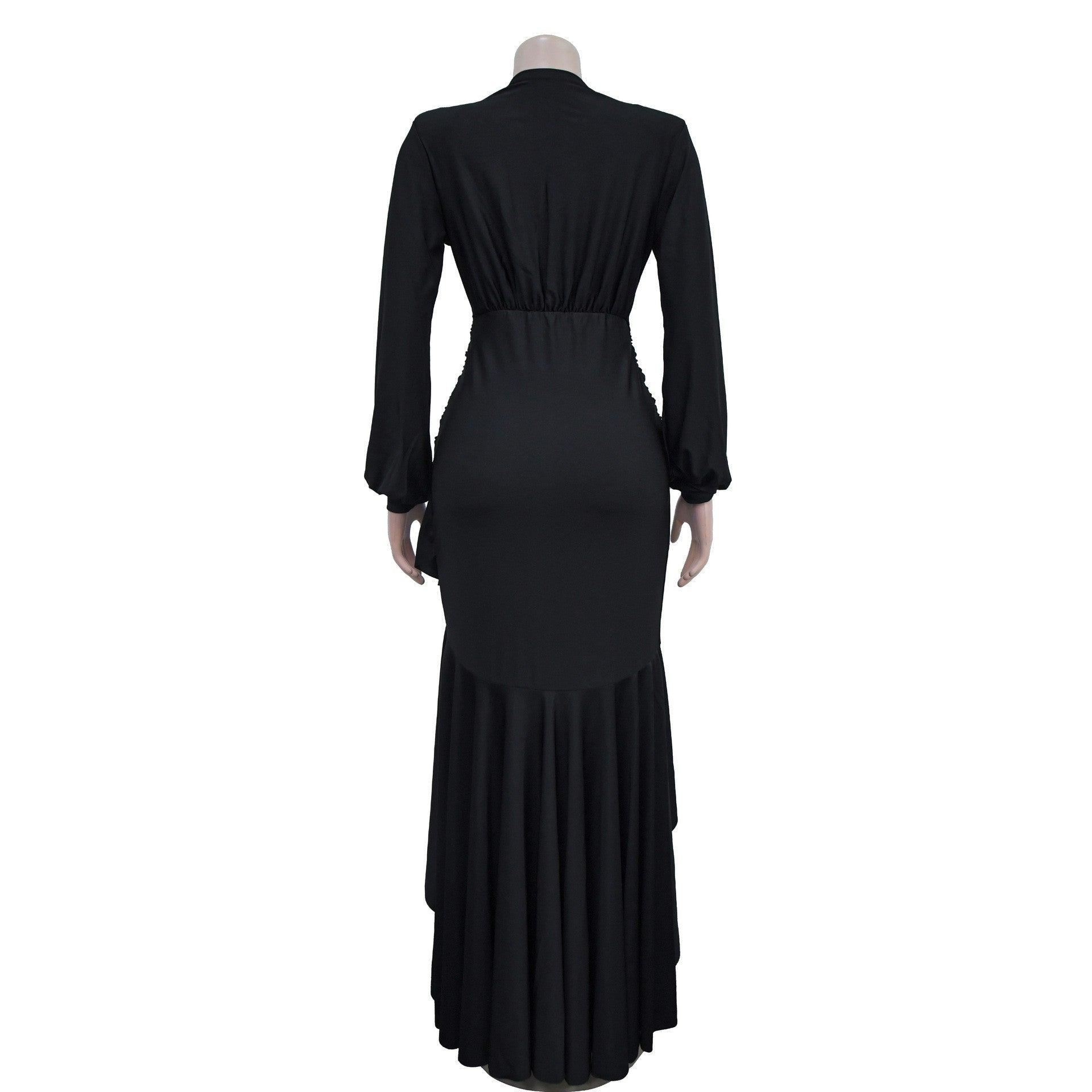 Women Elegant V-neck Slit Long Sleeve Solid Dress 14