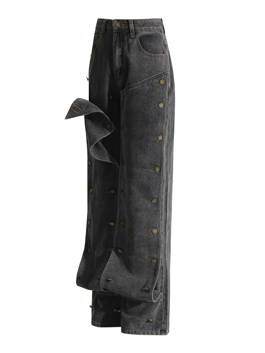 Autumn Street Trend Button Irregular Denim Pants High Waist Slim Fit Jeans 5