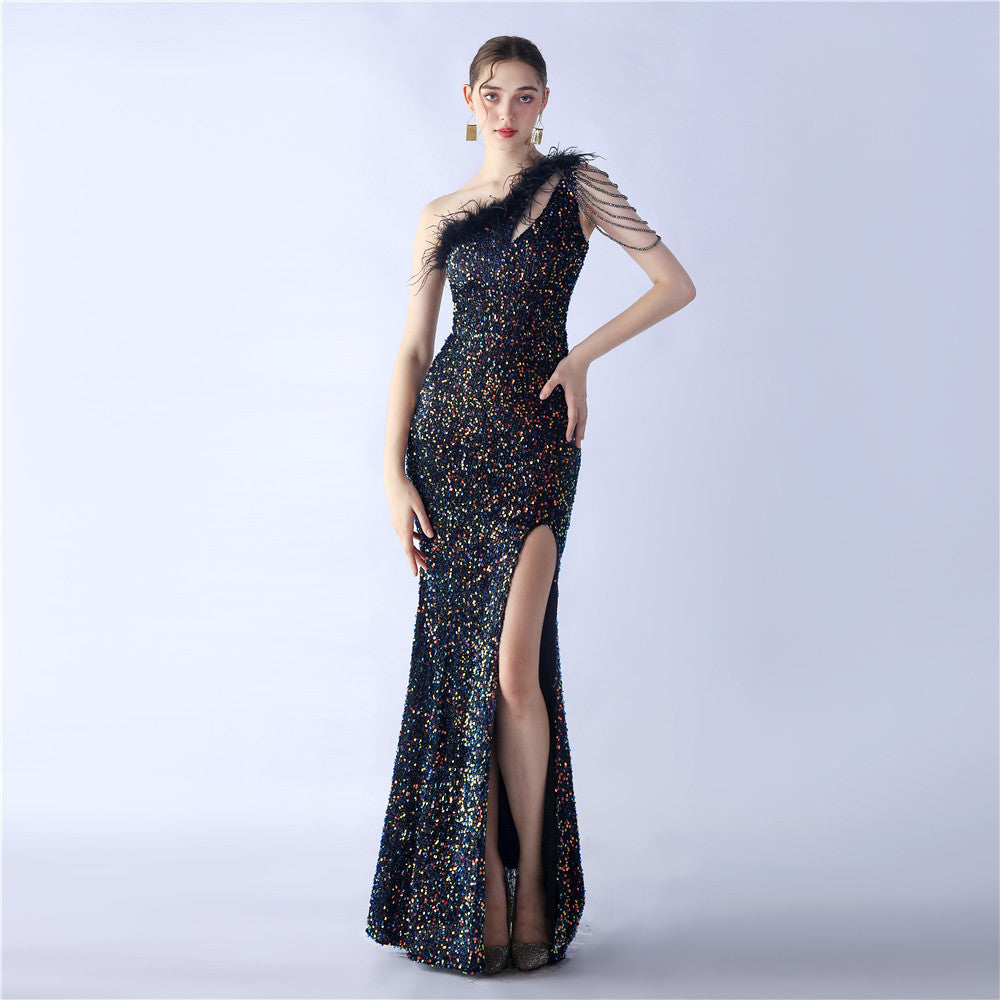 Sexy One Shoulder Sequin Long Dress Plus Size Beauty Formal Party Evening Gown 4