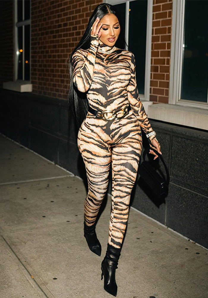 Women Sexy Tiger Print High Neck Bodysuit (Without Belt)