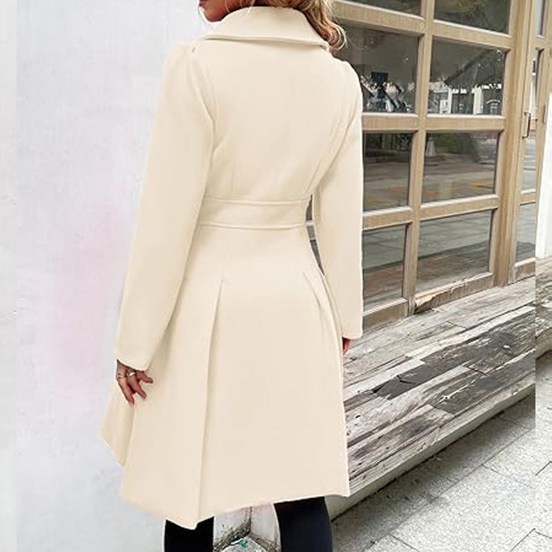 Women Fall and Winter Turndown Collar Double-Breasted Pocket Windbreaker 36