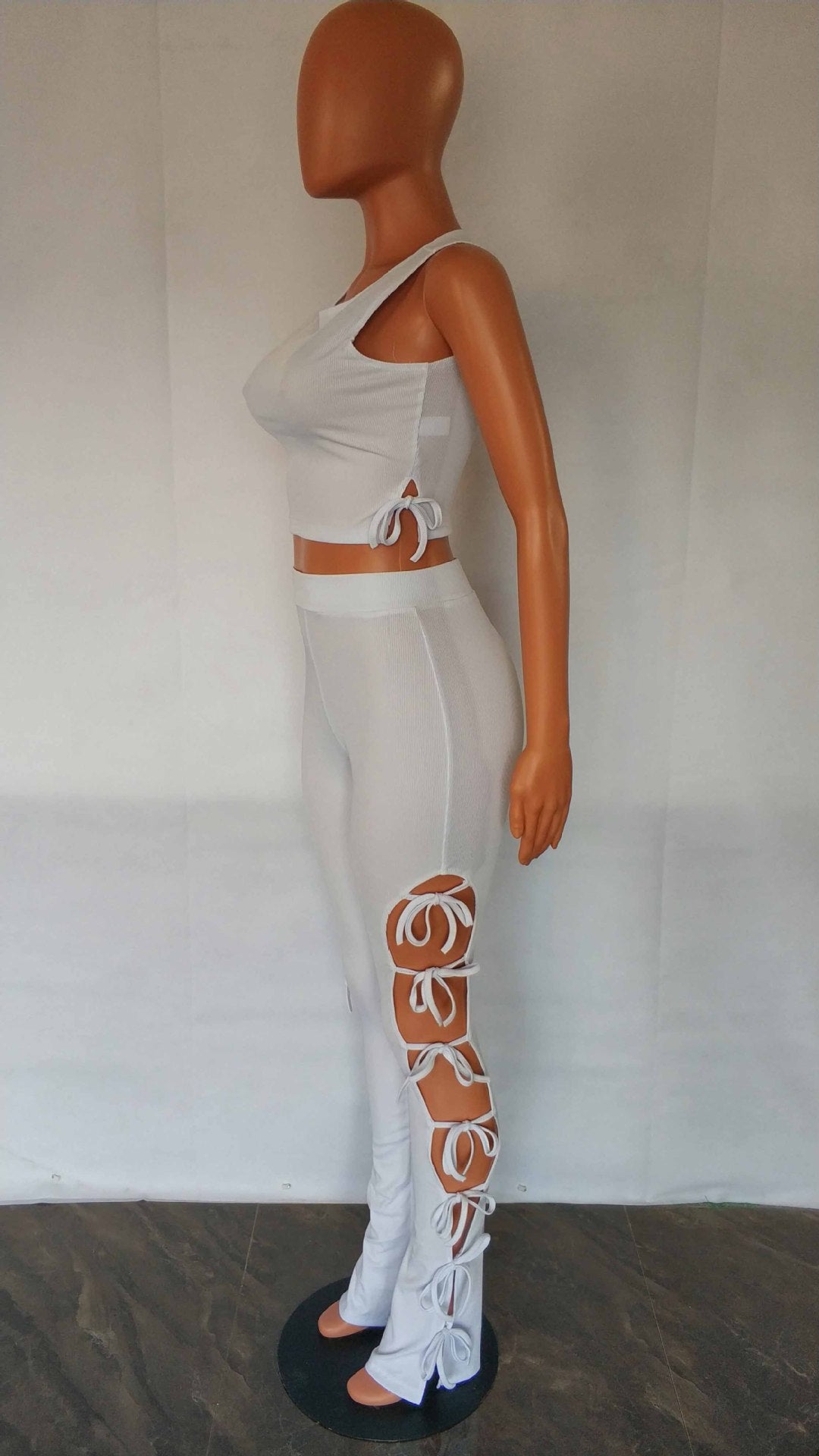 Women's Fashion Summer Style Cutout Tie Solid Color Ribbed Sleeveless Two-Piece Pants Set 12