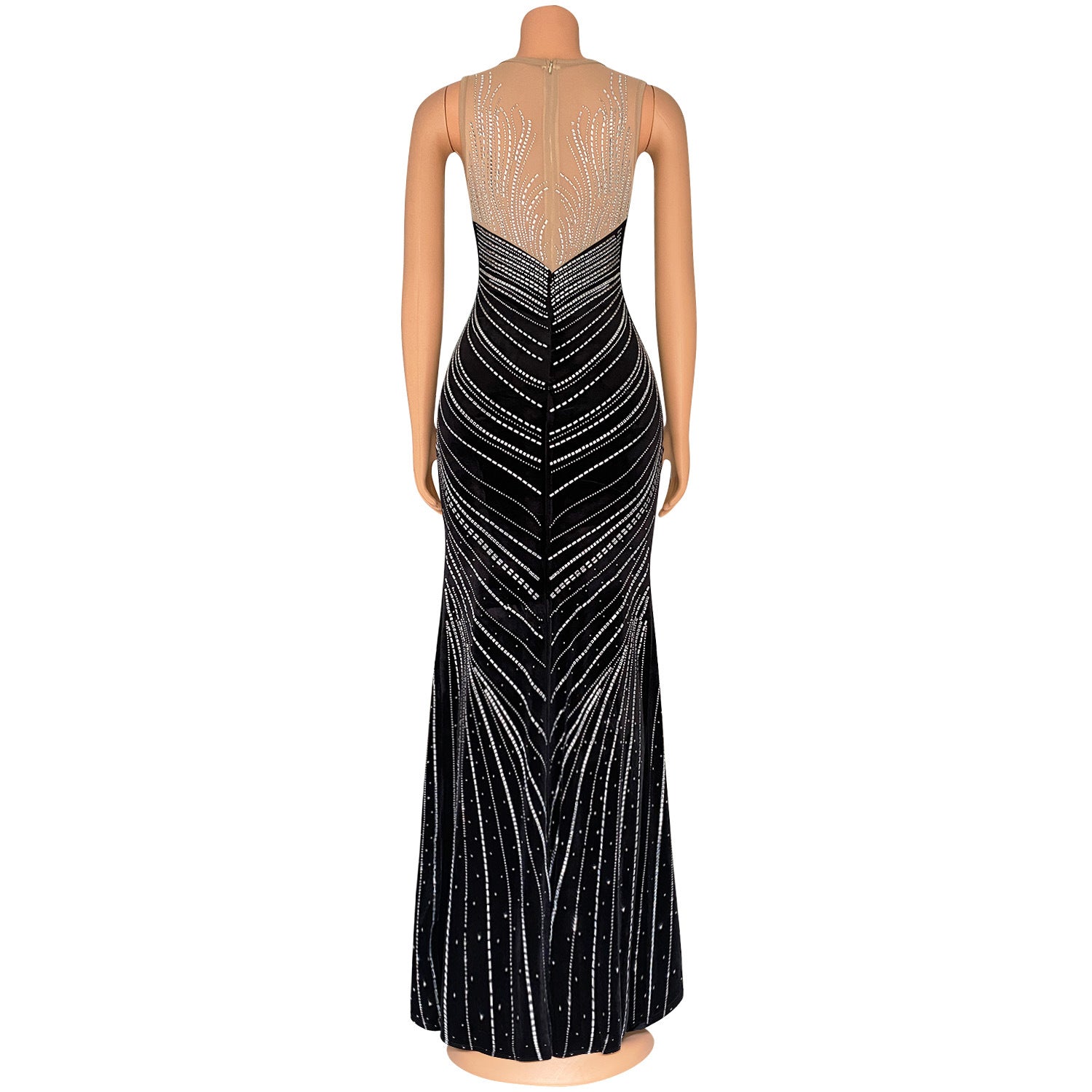 Spring Velvet Patchwork Mesh Beaded Sleeveless Nightclub Long Dress 17